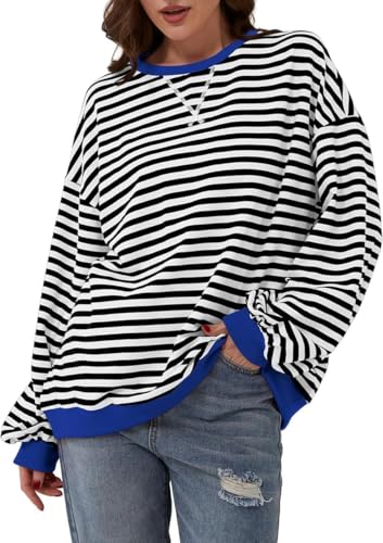 BEINF Sweatshirt Damen Gestreifte Pullover Oversized Langarmshirt Laternen Ärmel Rundhal Kapuzen Beiläufige Locker 2024 Fallen Pullover Y2K Shirt Tops Schwarz XL von BEINF