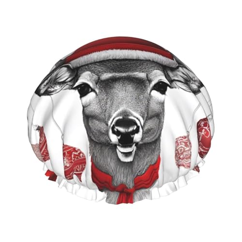 Lustige Weihnachts-Elch-bedruckte doppellagige gefütterte Duschhaube, Duschhauben für Frauen, wiederverwendbar von BEIVGOXL