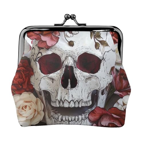 Münzgeldbörse mit Blumenmotiv und Totenkopf-Motiv, Mini-Münzgeldbörse, Kleingeldbörse, Leder-Münztasche, Halter für Damen und Mädchen, Schwarz, Einheitsgröße, modern, europäischer Stil, Retro, Schwarz von BEIVGOXL