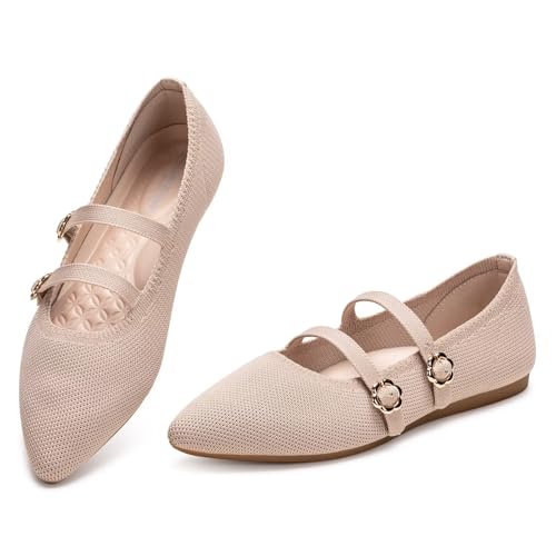 BEJINASH Mary Jane Flache elegante Strickschuhe mit doppelt verstellbarem Riemen Ballett bequem für die Arbeit spitze Zehen flache Schuhe für Frauen, Ecru, 37 EU von BEJINASH