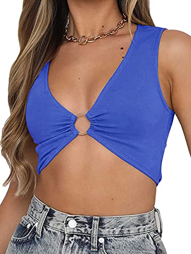 BEJONS Frauen Sexy Korsett Wie Crop Top Tiefer V-Ausschnitt BH Nacht Ausgehen Festival Rave Top, Königsblau, Mittel von BEJONS