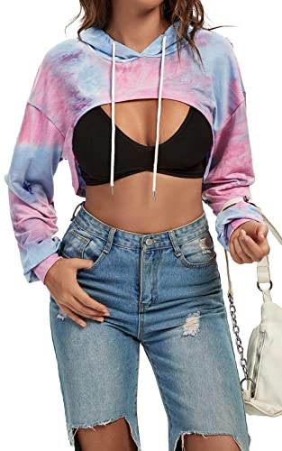 Damen Langarm Cropped Super Crop Top Hoodies Sweatshirt Ästhetisch Punk Hip Hop Tanz Sexy Rave Tuch, Blau/Pink, L von BEJONS