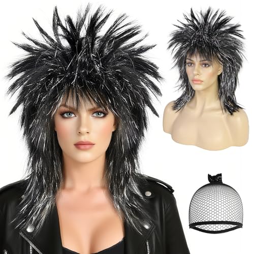 BEKIDER+1 Haarmütze 80er Rocking Diva Perücke Schwarz und Silber Punk Rock Funny Perücke für Frauen Halloween Weihnachten Event Kostüm Party von BEKIDER