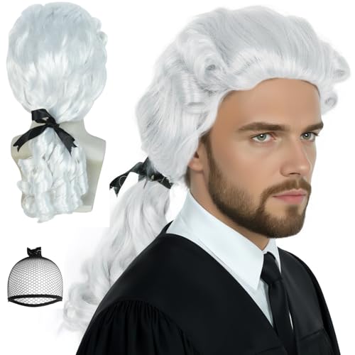 BEKIDER (+Haarnetz) Anwaltsperücke Cosplay Weiße Pferdeschwanz-Perücke für Männer Kolonialperücke Richterpuderperücke Lustige weiße Locken für Halloween Weihnachtsfest Kostüm von BEKIDER