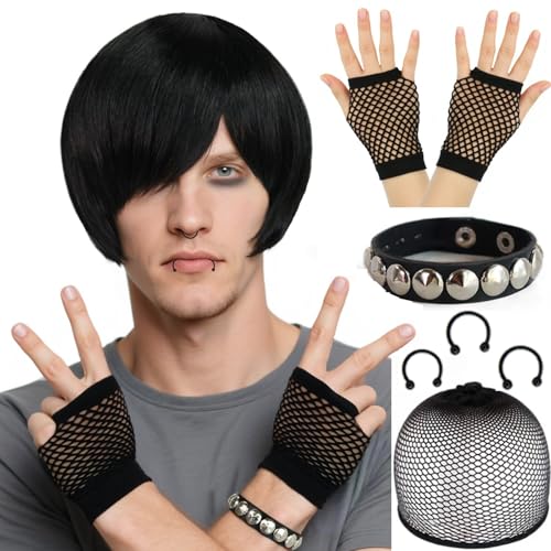 BEKIDER (3 Fake Piercings+1 Paar Netzhandschuhe+1 Armband+1 Haarnetz) Emo Perücke für Männer Kurze schwarze Perücke Cosplay Goth-Perücken 2000er Party Outfit Halloween Weihnachtsfest Kostüm von BEKIDER
