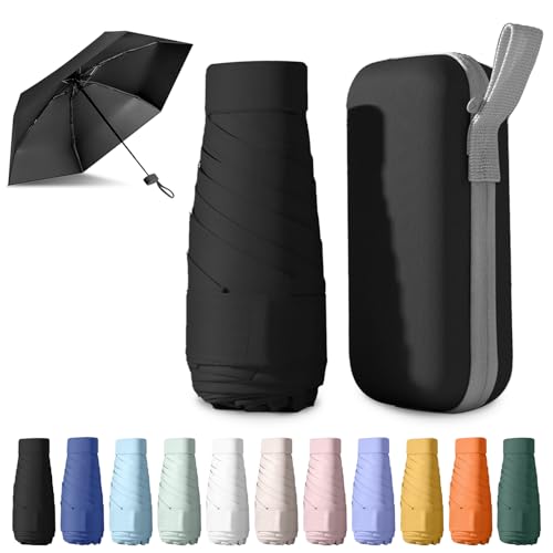 BEKKLPOU 14Cm Mini Regenschirm, Kleiner Regenschirm, Kompakt mit 6 Rippen & Aufbewahrungsbox 210T Stoff, Sonnenschutz (Obsidianschwarz) von BEKKLPOU