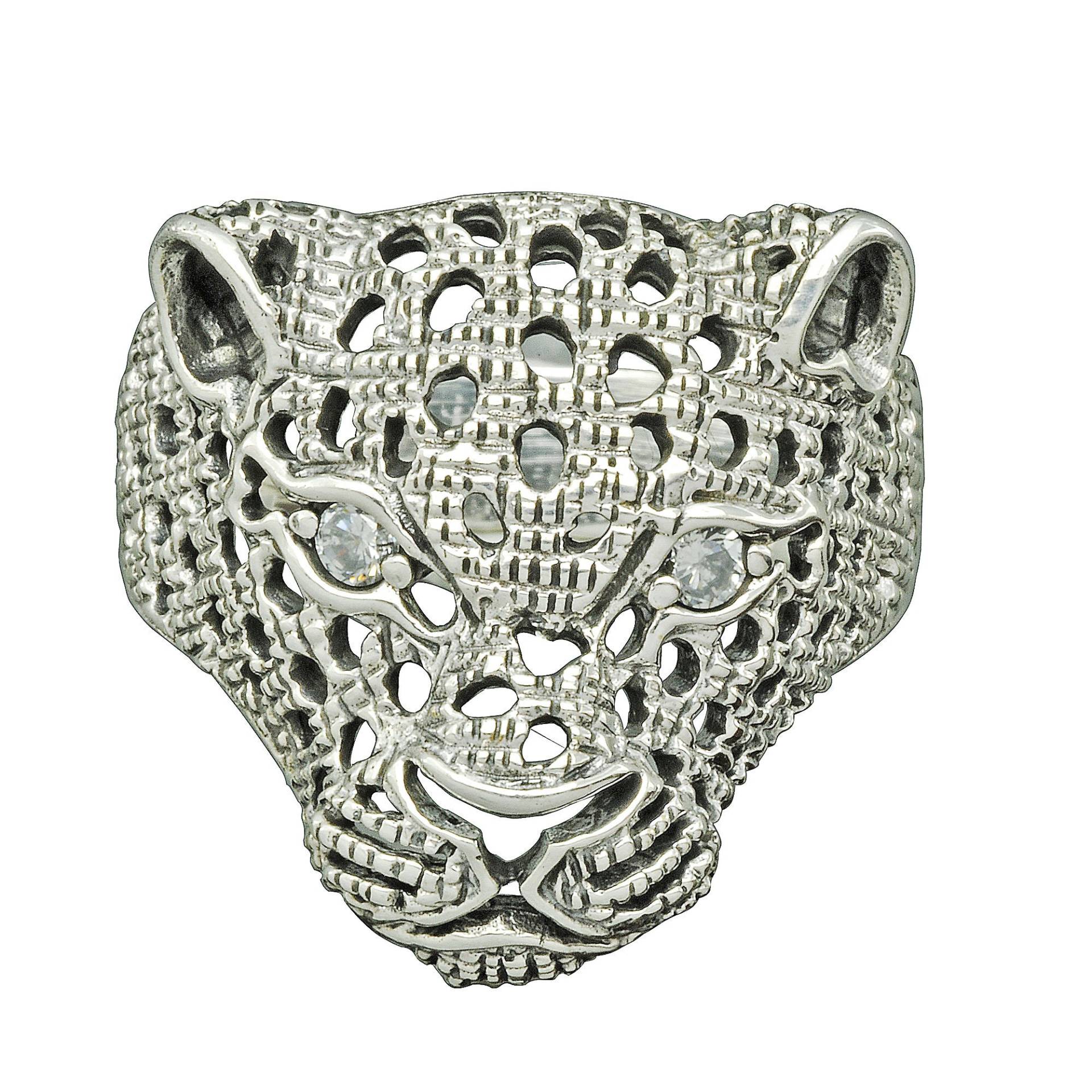 sterling Silber Leopard Ring Puma Tigerkopf, Weiße Cz Augen von BELDIAMO