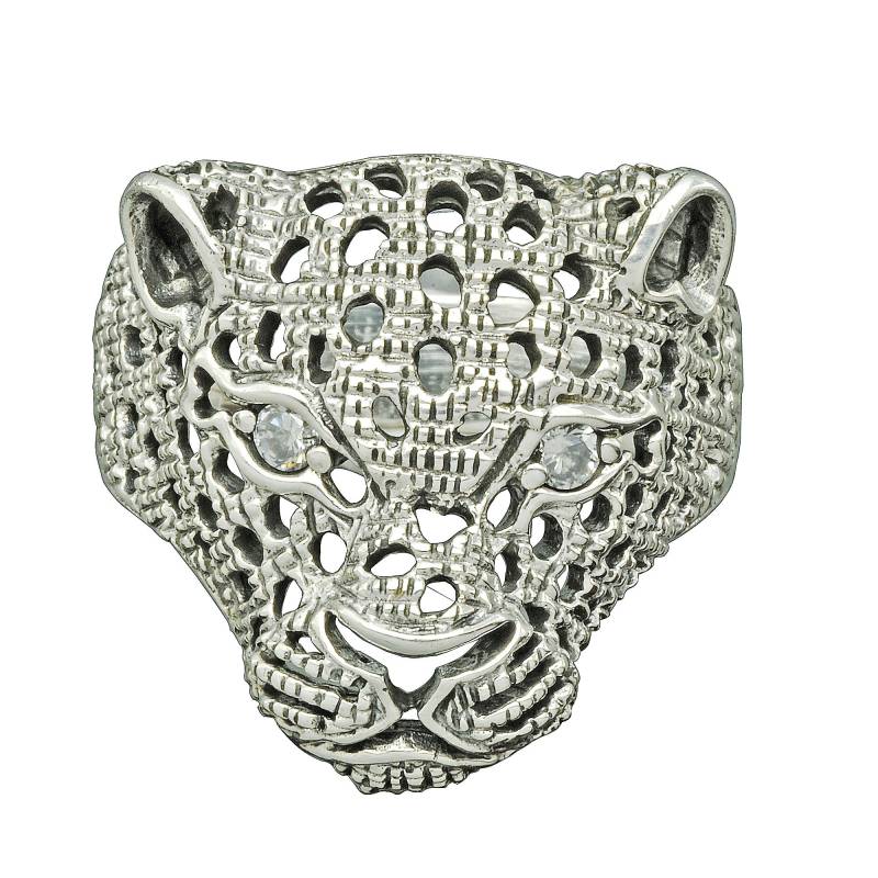 sterling Silber Leopard Ring Puma Tigerkopf, Weiße Cz Augen von BELDIAMO