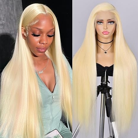 Echthaar Perücke Blonde 180% Density Schwarz Frauen 13x6 HD Straight Lace Front Wig 613 Farbe Transparent Straight Lace Front Perücke 24 inch Pre Plucked with Baby Hair von BELE