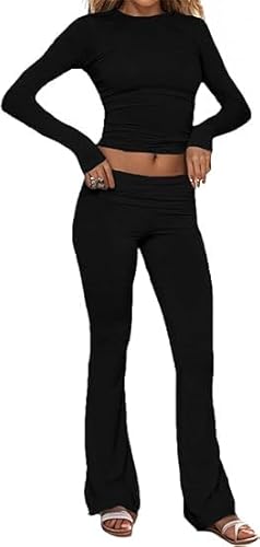 BELIKES Damen 2-teilige Lounge Sets Falt-Over Flare Hosen Set Langarm Cropped Top Casual Outfits Pyjamas von BELIKES