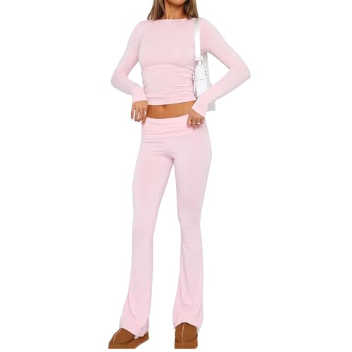 BELIKES Damen Pyjamas Set Zweiteilige Outfits Herbst Langarm Rundhalsausschnitt Stretch Y2K Tops Yoga Hosen Lounge Sets von BELIKES