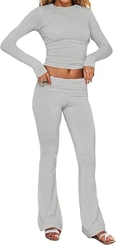 BELIKES Frauen 2-teilige Lounge Set Outfits Falten über Flare Yoga Hosen Set Langarm Crop Top Set Pyjamas Trainingsanzüge von BELIKES