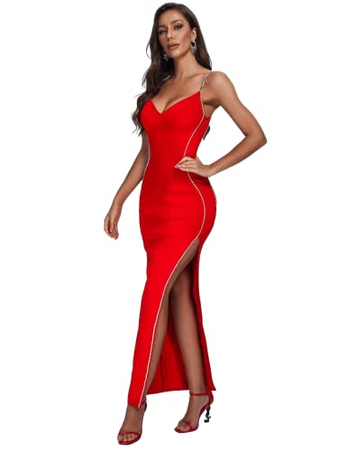 BELLA BARNETT Diamonate Maxi Bandage Kleid Sexy Tiefer V-Ausschnitt Korsett Kleid Frauen Abend Party Klassisch Schlitz Cocktailkleid, Rot/Ausflug, einfarbig (Getaway Solids), Klein von BELLA BARNETT