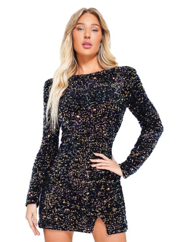 BELLA BARNETT Pailletten Minikleid Sexy Club Kleider Langarm Bodycon Kleid Schlitz Partykleid Kurze Heimkehr Kleider, Schwarz, Mittel von BELLA BARNETT