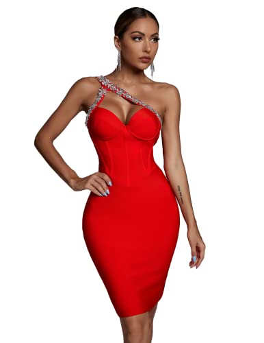 BELLA BARNETT Sexy Bodycon Kleid Rückenfrei Geburtstag Kleider Kristall Cocktail Bandage Kleid One Shoulder Hochzeit Gastkleider, Rot/Ausflug, einfarbig (Getaway Solids), X-Groß von BELLA BARNETT