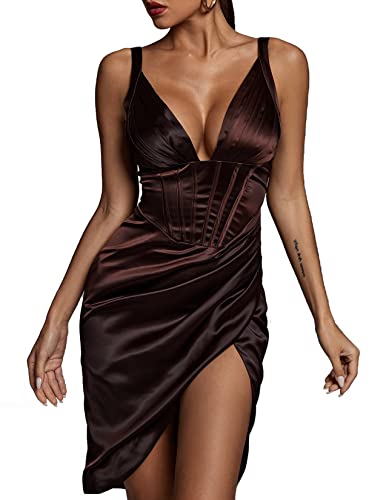 BELLA BARNETT Sexy Minikleid Club Kleider Spaghettiträger Hoher Schlitz Bodycon Kleid Party Kleider Klassische Homecoming Kleider, Schokolade, Klein von BELLA BARNETT