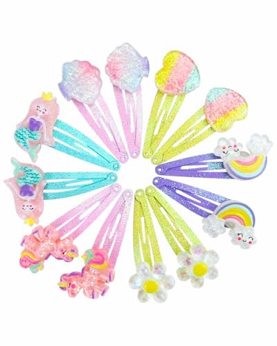 BELLALICHT 12 Stück Haarspangen für Mädchen,Karikatur Entwurfs Haarspange, Meerjungfrau Schmetterling Regenbogen Blumen Haarschmuck,Süße Haarklammer Klein für für Mädchen, Kinder und Damen von BELLALICHT