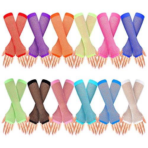 BELLE VOUS 12 Stk Lange Netz Handschuhe - Fingerlose Nylon Netz Armstulpen in Verschiedenen Farben - Neon Mesh Handschuhe für 80er Retro/Dance Party, Tutu- & Kostümzubehör - Für Damen & Mädchen von BELLE VOUS