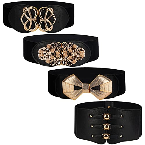 BELLE VOUS 4er Pack Schwarzer Gürtel Damen Vintage - Breiter Taillengürtel Elastisch Gold - 4 Stile - Breite Retro-Mode Cinch für Kleider von BELLE VOUS