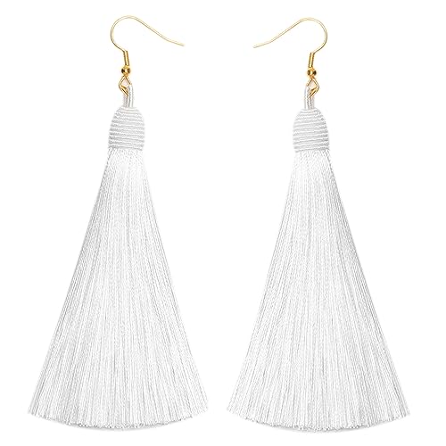 BELLEXIXI Lange große Quasten-Fransen-Kronleuchter-Ohrringe für Frauen (Weiß A, Zinklegierung) von BELLEXIXI