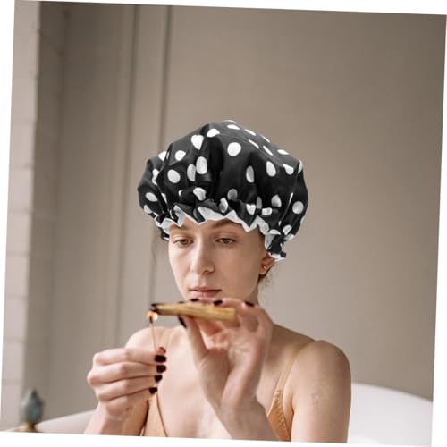 BELLIFFY 2 Stück Verstellbare Duschhauben für Damen und Herren Doppellagig Große Badekappen für Braids und Haarkur Geeignet für Dusche Haarmaske und Bad Schwarz mit Punkten von BELLIFFY
