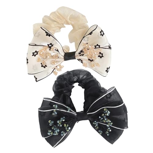 BELLIFFY 2stücke Blumen-haargummis Mit Schleife Haarschmuck-ringe Für Mädchen Vielseitig Einsetzbare Haaraccessoires Für Dutt Und Pferdeschwanz Schwarz Und Beige von BELLIFFY