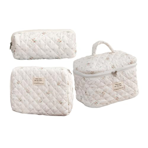BELLIFFY Ästhetisches Make-up-Taschen-Set Für Damen Mit Blumenmuster 3-teilig Gesteppte Reise-kulturtasche Aus Baumwolle Groß Und Mittelgroßes Federmäppchen Tragbarer Organizer von BELLIFFY