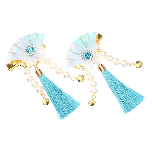BELLIFFY Blumen Quasten Haarklammer für Damen im Japanischen Stil Eleganter Haarschmuck für Hochzeiten Partys und Fotoshootings Blau mit Perlen und Glöckchen von BELLIFFY