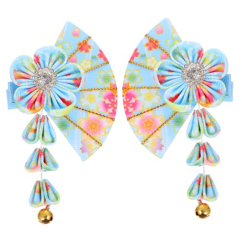 BELLIFFY Dekorativer Haarschmuck Quasten Haarspange mit Glocken Blauer Fächer Blumen Haarclip Leichtes Cosplay Haarklammer für Damen Passend zu Kimono und Hanfu Kleidung von BELLIFFY