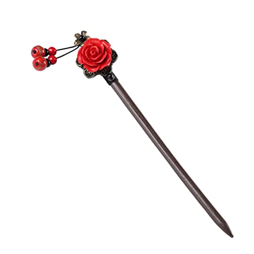 BELLIFFY Vintage Chinesischer Haarstab Mit Roten Blumen Antike Haarnadel Für Damen Holz-haarspange Im Retro-stil Haarschmuck-accessoire Für Hochzeiten Und Besondere Anlässe von BELLIFFY