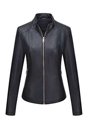BELLIVERA Damen Jacke Herbst Mantel Bikerjacke Kurz PU Kunstlederjacke 37 Schwarz XL von BELLIVERA