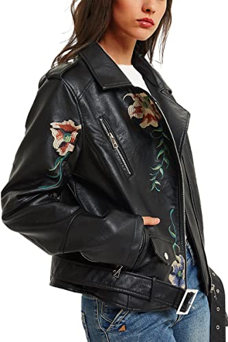 BELLIVERA Damen Kunstleder Jacke Frühling Herbst Kleidung Floral Gürtel Motorrad Biker Mantel 1702020 XXL von BELLIVERA