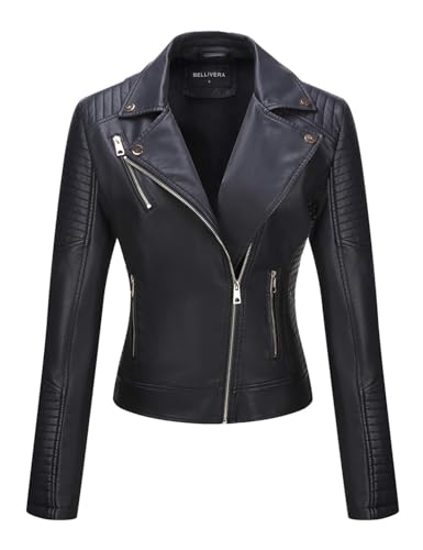 BELLIVERA Damen Kunstleder Jacke PU Frühling Herbst Bekleidung Kurz Moto Biker Mantel mit Taschen 53 Schwarz XL von BELLIVERA