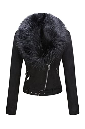 BELLIVERA Damen Lederjacke Winter Warm Kurz Moto Bikerjacke Wildleder Mantel mit Abnehmbarem Pelzkragen 8830 Schwarz XL von BELLIVERA