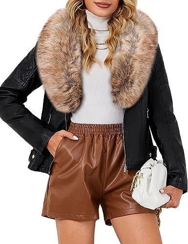 BELLIVERA Damen Lederjacke Winter Warm Kurz Moto Bikerjacke Wildleder Mantel mit Abnehmbarem Pelzkragen 9201 SchwarzGelb M von BELLIVERA