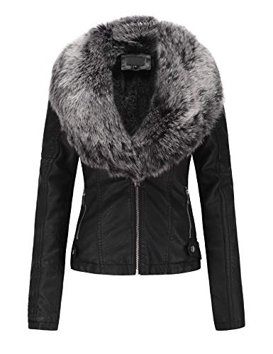 BELLIVERA Damen Lederjacke Winter Warm Kurz Moto Bikerjacke Wildleder Mantel mit Abnehmbarem Pelzkragen 9201 SchwarzGrau M von BELLIVERA