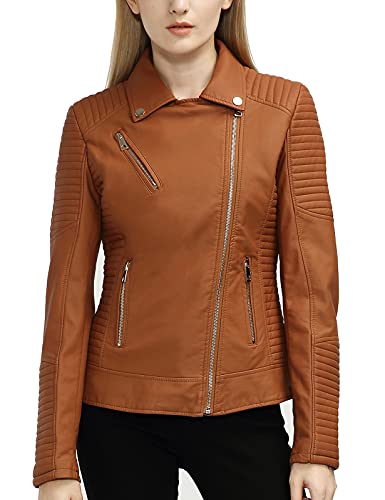 BELLIVERA Damen PU Leder Jacke mit Reißverschluss Taschen Frühling Herbst Bekleidung Kurz Moto Biker Mantel 53 Braun XL von BELLIVERA