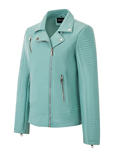 BELLIVERA Damen PU Leder Jacke mit Reißverschluss Taschen Frühling Herbst Bekleidung Kurz Moto Biker Mantel 53 Blau L von BELLIVERA