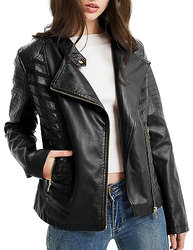 BELLIVERA Damen Kunstleder Jacke Kurzer Reißverschluss Front Trendy Frühling Herbst Motorrad Mantel SS817 Schwarz L von BELLIVERA