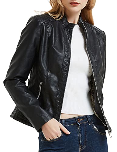 BELLIVERA PU Jacke für Damen Frühling Herbst Mantel Kurzer Reißverschluss Trendy Mantel SS811 Schwarz L von BELLIVERA