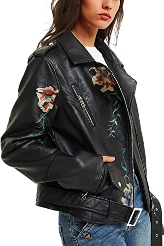 BELLIVERA Damen Kunstleder Jacke Frühling Herbst Kleidung Floral Gürtel Motorrad Biker Mantel 1702020 XL von BELLIVERA