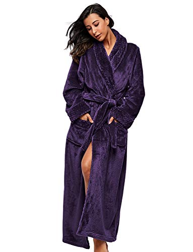 BELLOO Bademantel Damen Lang Winter Mrgenmantel Frottee Saunamantel mit Tacshe,Violett,XL von BELLOO