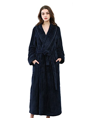 BELLOO Damen Frottee Bademantel Lang Coral Fleece Winter Morgenmantel,Dunkelblau,XL von BELLOO