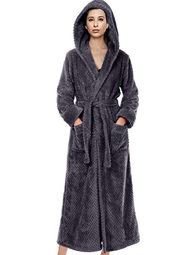BELLOO Damen Winter Fleece Morgenmantel Flauschiger Bademantel Voll Lang, Mit Kapuze/Grau, Large von BELLOO