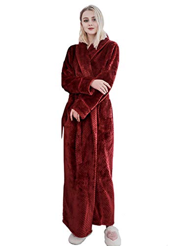 BELLOO Damen Winter Fleece Morgenmantel Flauschiger Bademantel Voll Lang, weinrot, Medium von BELLOO