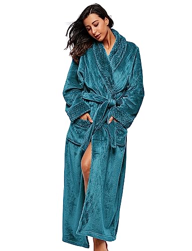 BELLOO Weicher Bademantel Lang Damen Winter Morgenmantel Flanell Saunamantel mit Schalkragentasche, Pfauengrün, XL von BELLOO