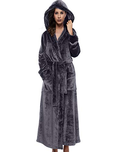 Belloo Unisex Lang Bademantel mit Kapuze Flanell Winter Morgenmantel Super Weich Flauschig,2-grau,XL von BELLOO