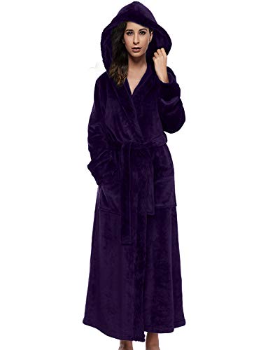 Belloo Unisex Lang Bademantel mit Kapuze Flanell Winter Morgenmantel Super Weich Flauschig,2-lila,L von BELLOO