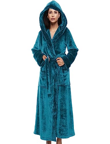 Belloo Unisex Lang Bademantel mit Kapuze Flanell Winter Morgenmantel Super Weich Flauschig,2-ozeanblau,M von BELLOO