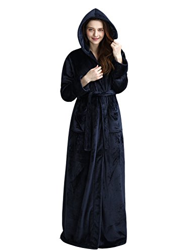 Belloo Unisex Lang Bademantel mit Kapuze Flanell Winter Morgenmantel Super Weich Flauschig,Dunkelblau,XL von BELLOO
